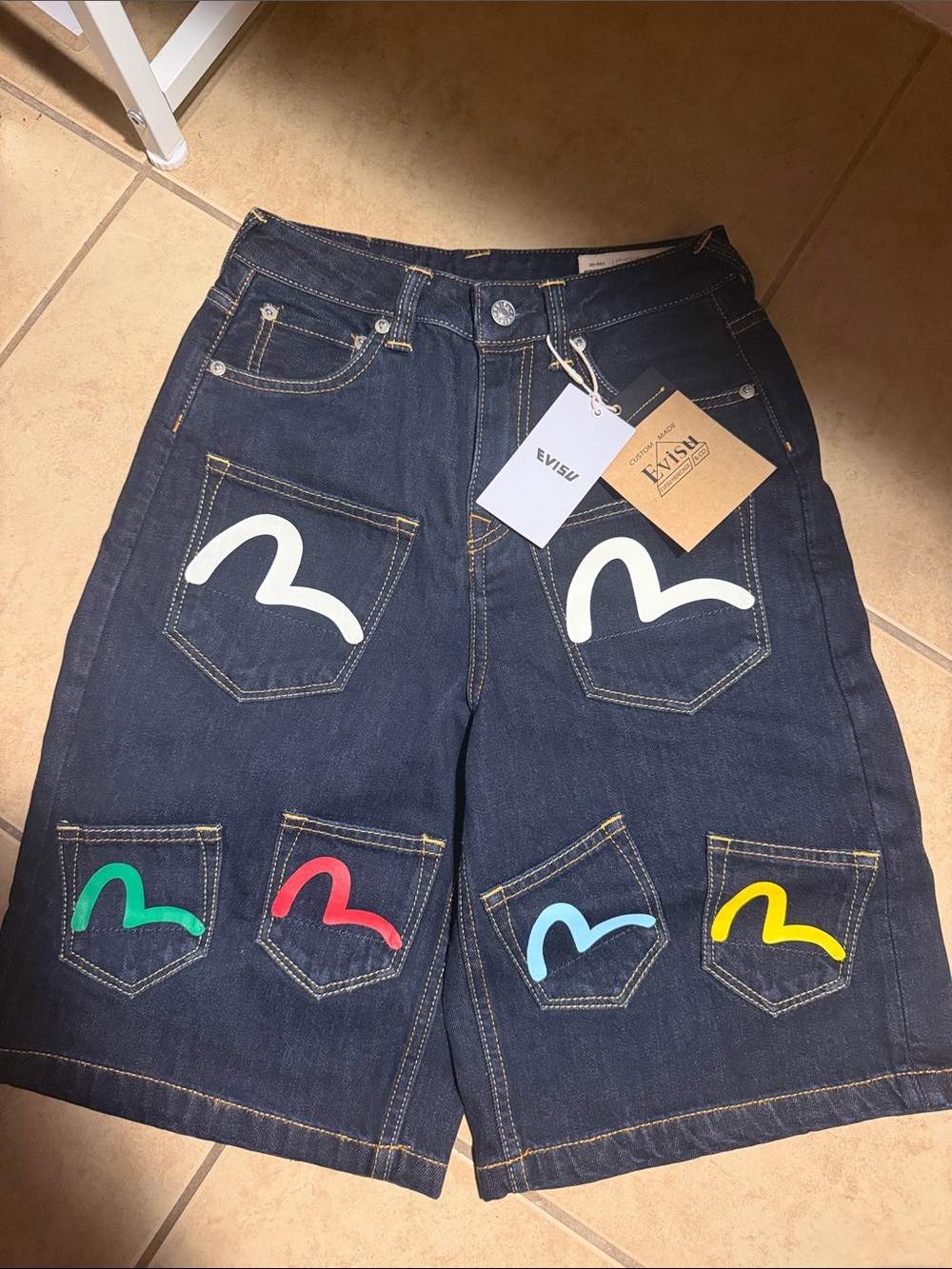 EVISU Dark Denim Pocket Jorts with Colorful Patches (Never worn)
